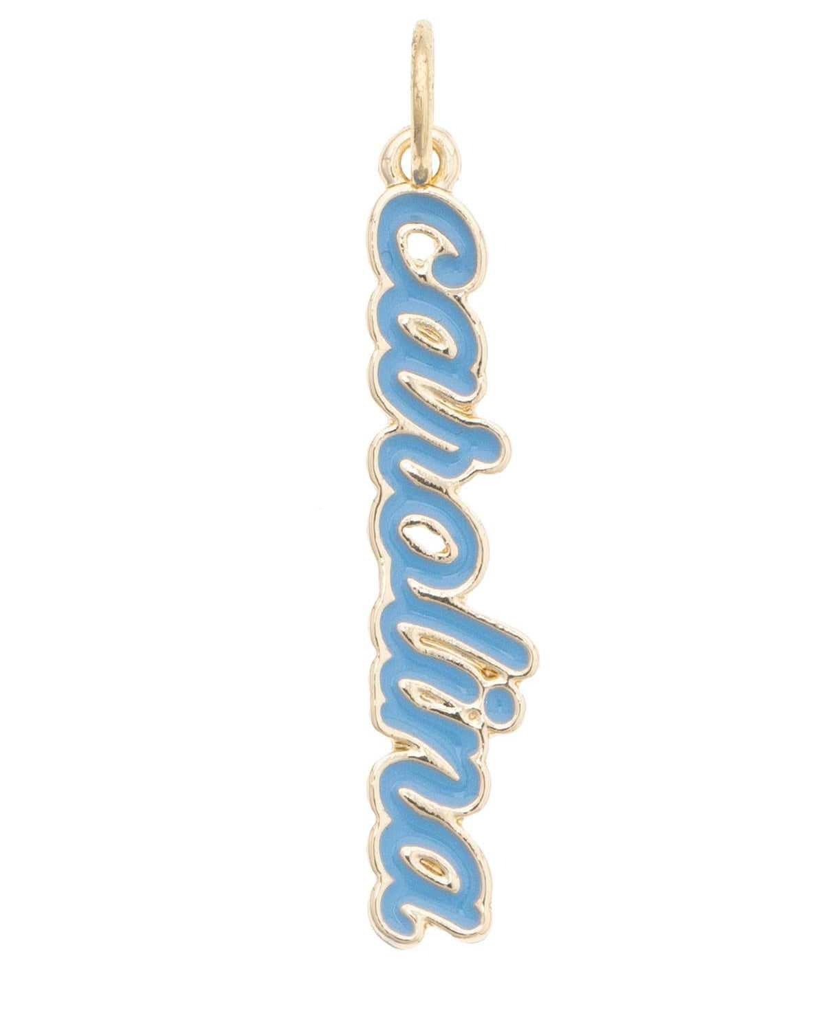 Official North Carolina Tar Heels Enamel Script Charm in Carolina blue with an 18K Triple Gold Plated finish for custom game day bracelets and necklaces.