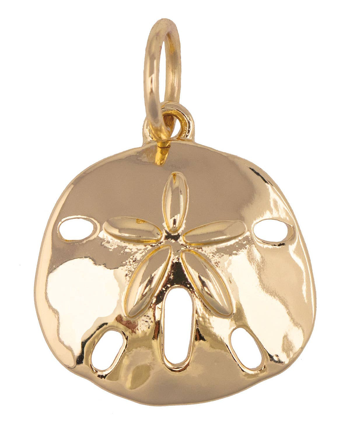 Gold sand dollar charm for custom charm bracelets and necklaces featuring a classic coastal beach design