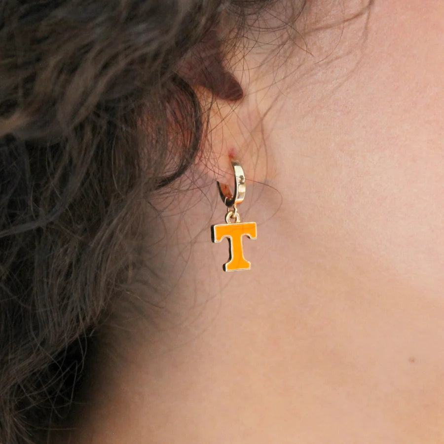 Tennessee Vols Gold Huggie Hoop Earrings | Orange Enamel Power T