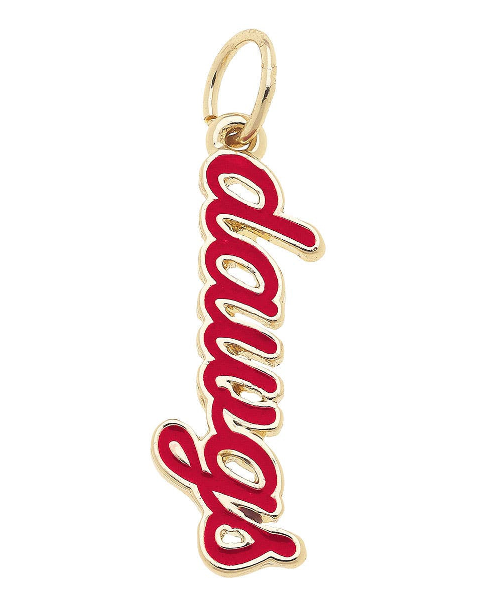 Georgia Bulldogs Dawgs script charm in red enamel with 18K triple gold plated finish for bracelets and necklaces
