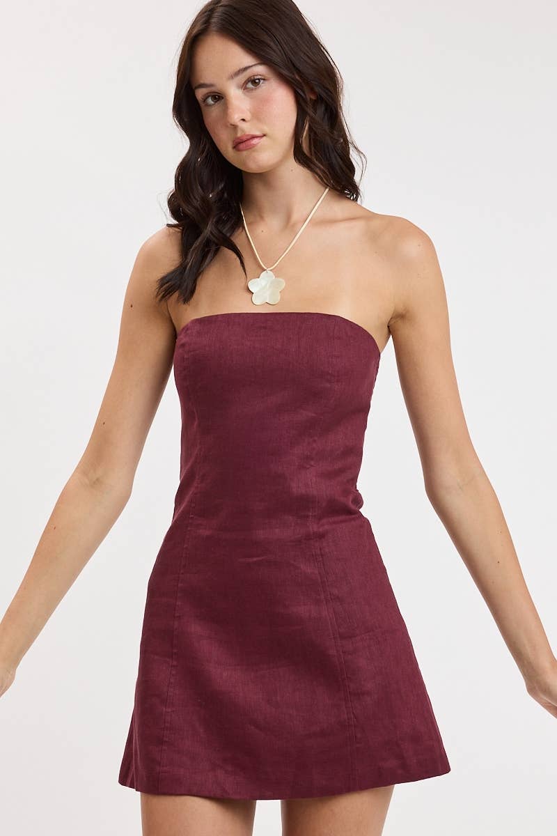 Wine Linen Strapless Mini Dress