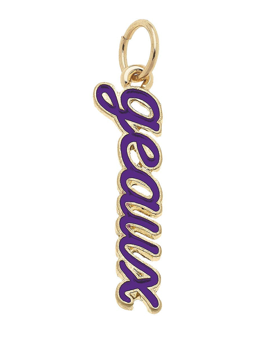 Officially licensed LSU Tigers purple enamel script charm with gold finish for customizable game day necklaces and bracelets.