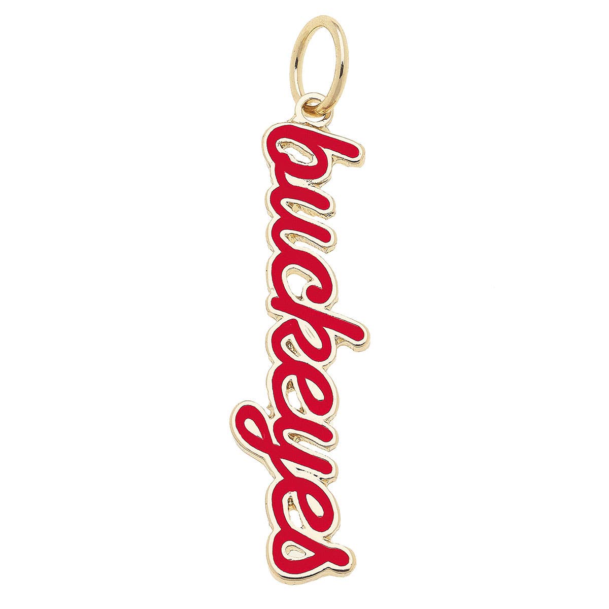 Officially licensed Ohio State Buckeyes enamel script charm in red and gold for customizable game day necklaces and bracelets.