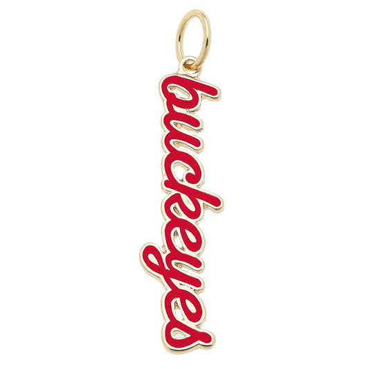 Officially licensed Ohio State Buckeyes enamel script charm in red and gold for customizable game day necklaces and bracelets.