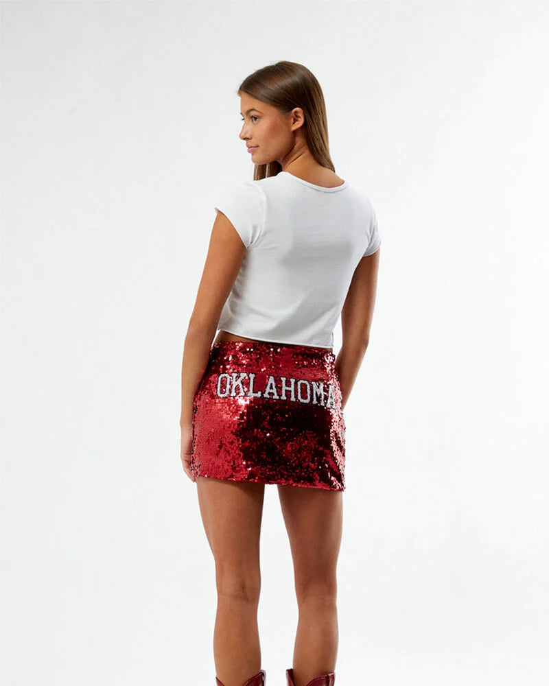 Oklahoma Sooners Sequin Mini Skirt – Red Game Day Sparkle Skirt
