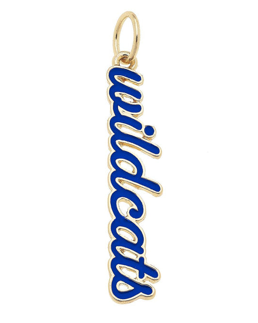 Official Kentucky Wildcats Enamel Script Charm in blue enamel with an 18K Triple Gold Plated finish for custom game day bracelets and necklaces.