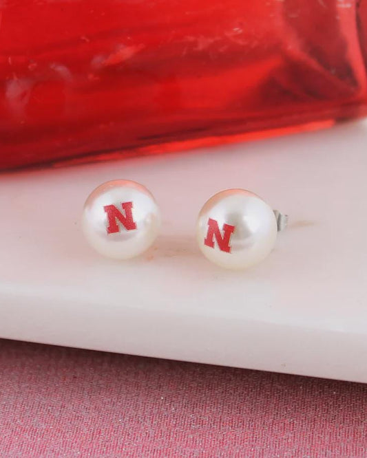 Nebraska Huskers Pearl Stud Earrings – Officially Licensed UNL Jewelry | Nebraska N Logo Studs