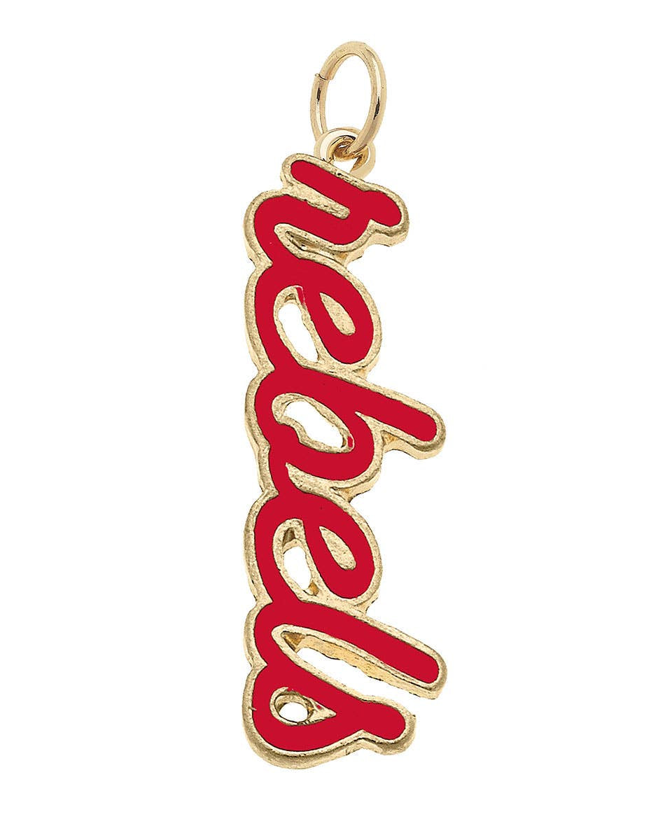 Official Ole Miss Rebels Script Charm in red enamel with an 18K Triple Gold Plated finish for custom game day bracelets and necklaces.