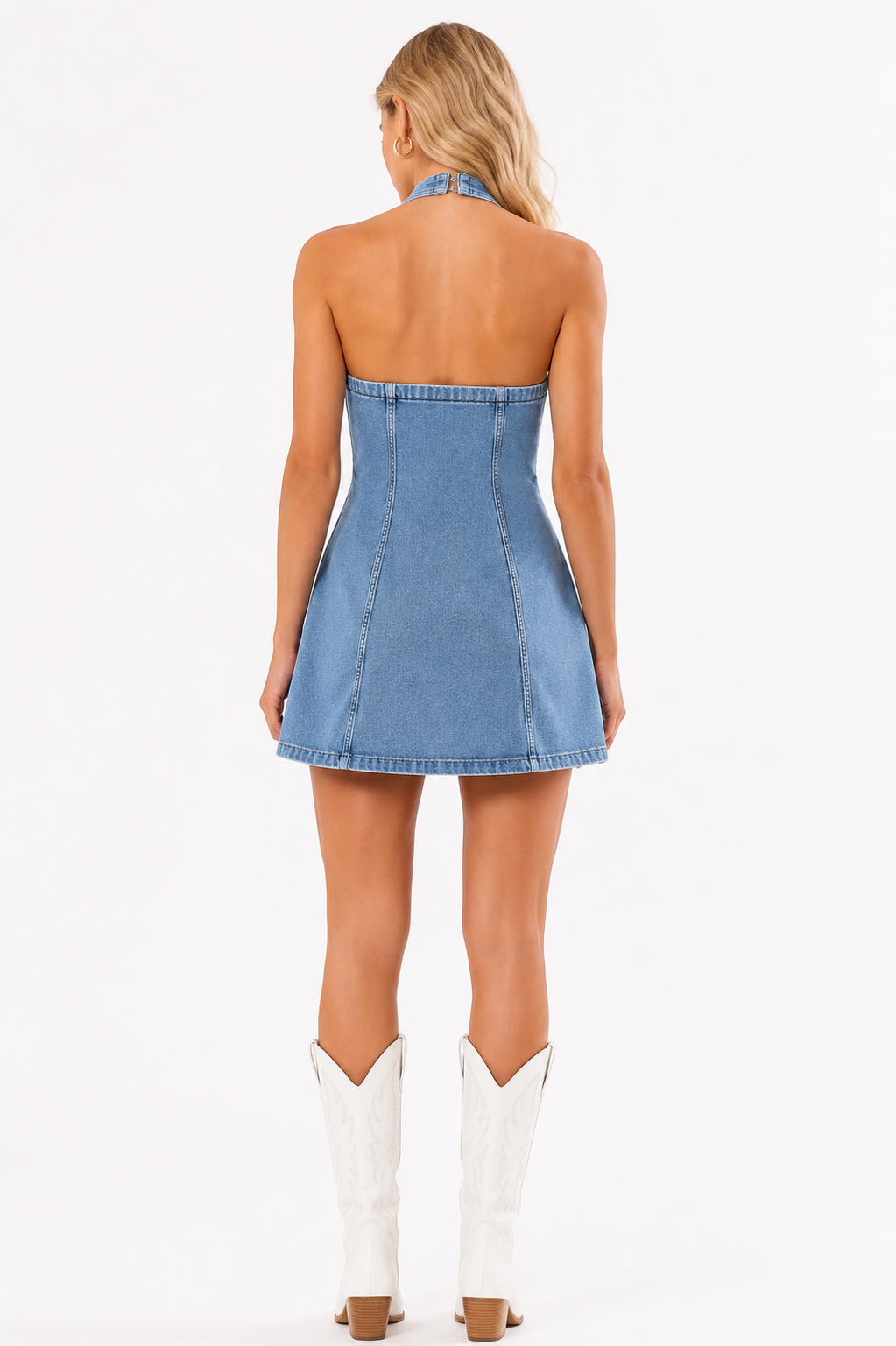 Lace Trim Denim Halter Mini Dress