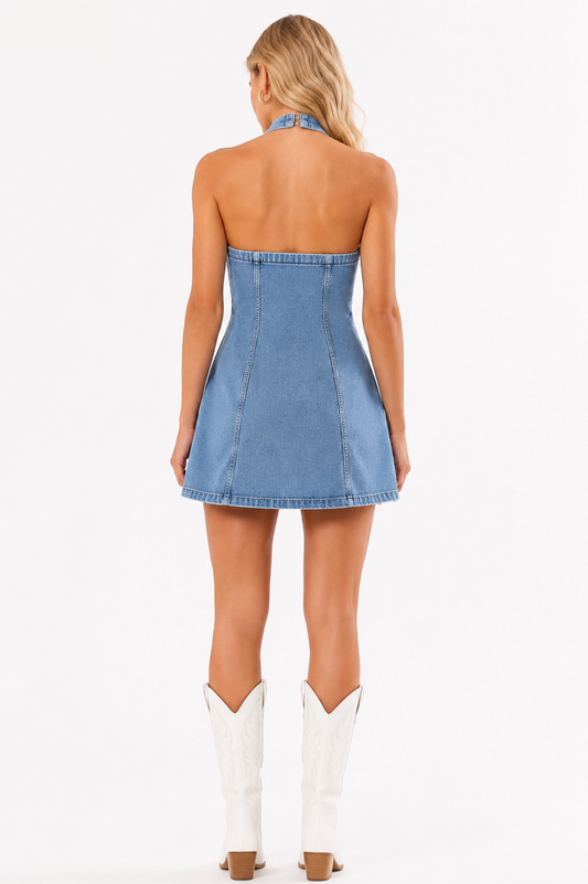 Lace Trim Denim Halter Mini Dress
