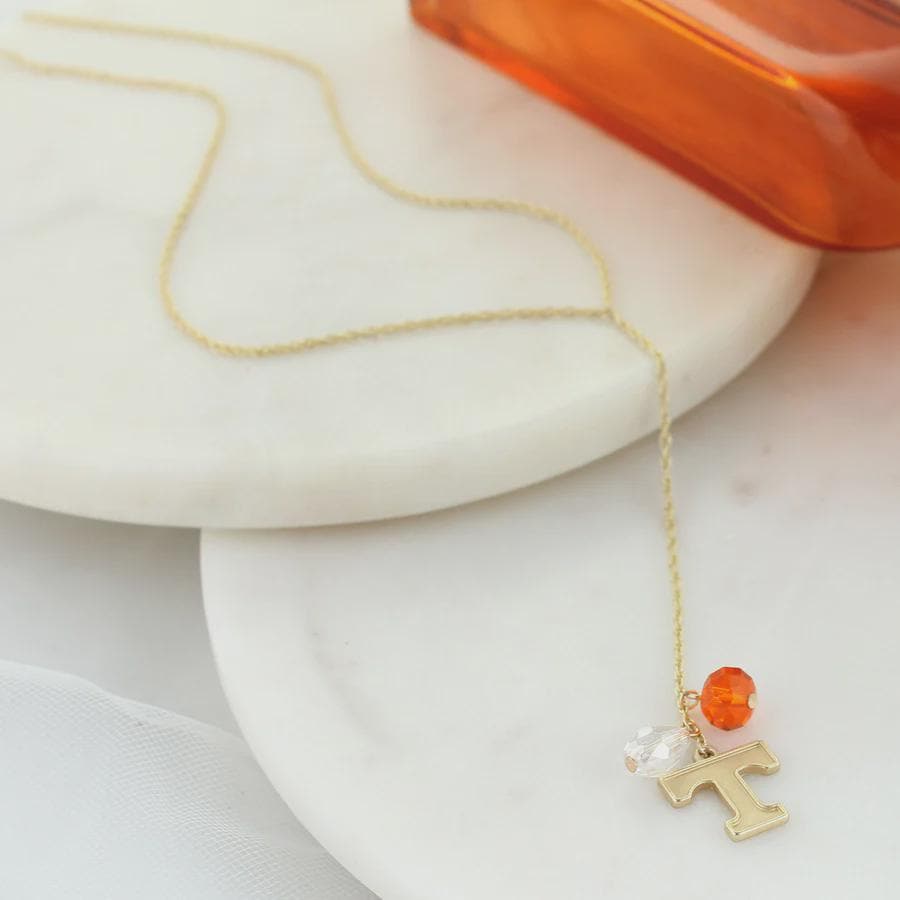 Tennessee Volunteers Y-Necklace | Gold Power T Charm with Crystal Accents