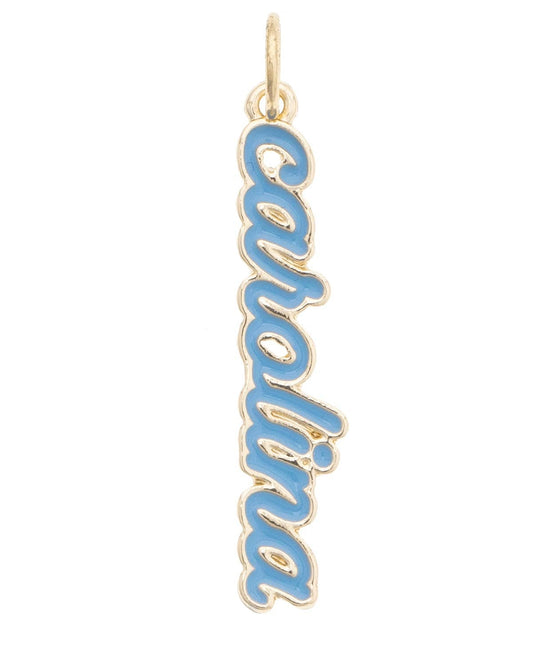 Official North Carolina Tar Heels Enamel Script Charm in Carolina blue with an 18K Triple Gold Plated finish for custom game day bracelets and necklaces.