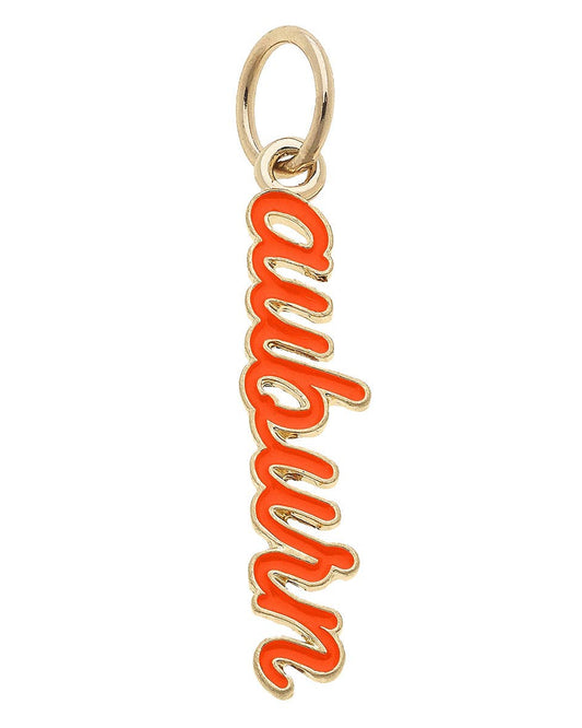 Official Auburn Tigers Enamel Script Charm in orange enamel with an 18K Triple Gold Plated finish for custom game day bracelets and necklaces.