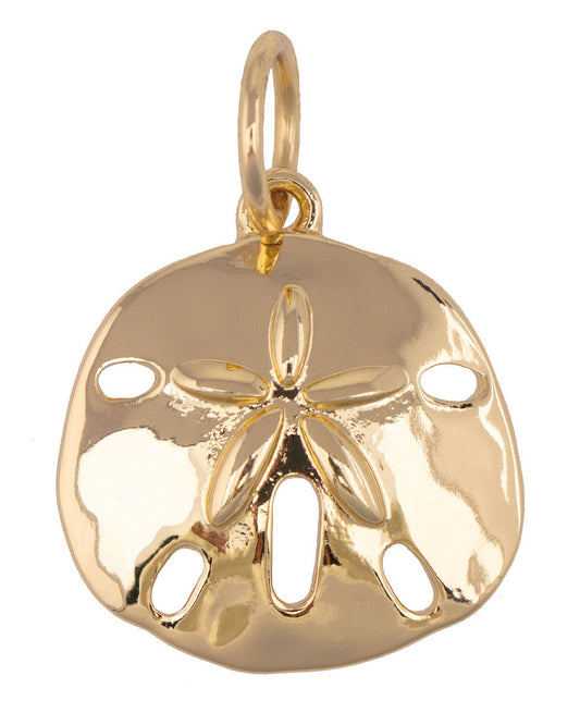 Gold sand dollar charm for custom charm bracelets and necklaces featuring a classic coastal beach design
