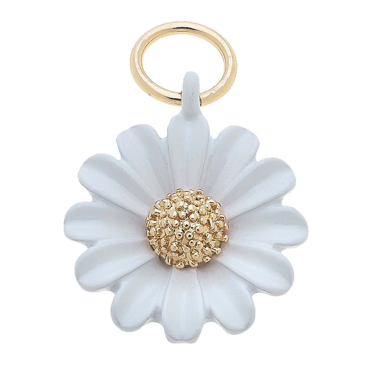 White enamel daisy flower charm with gold center for custom charm bracelets and necklaces