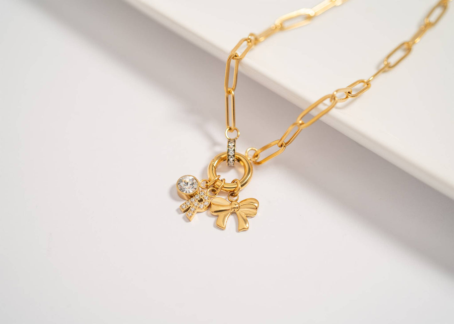 Paperclip Link Rhinestone Charm Holder Necklace