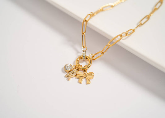 Paperclip Link Rhinestone Charm Holder Necklace