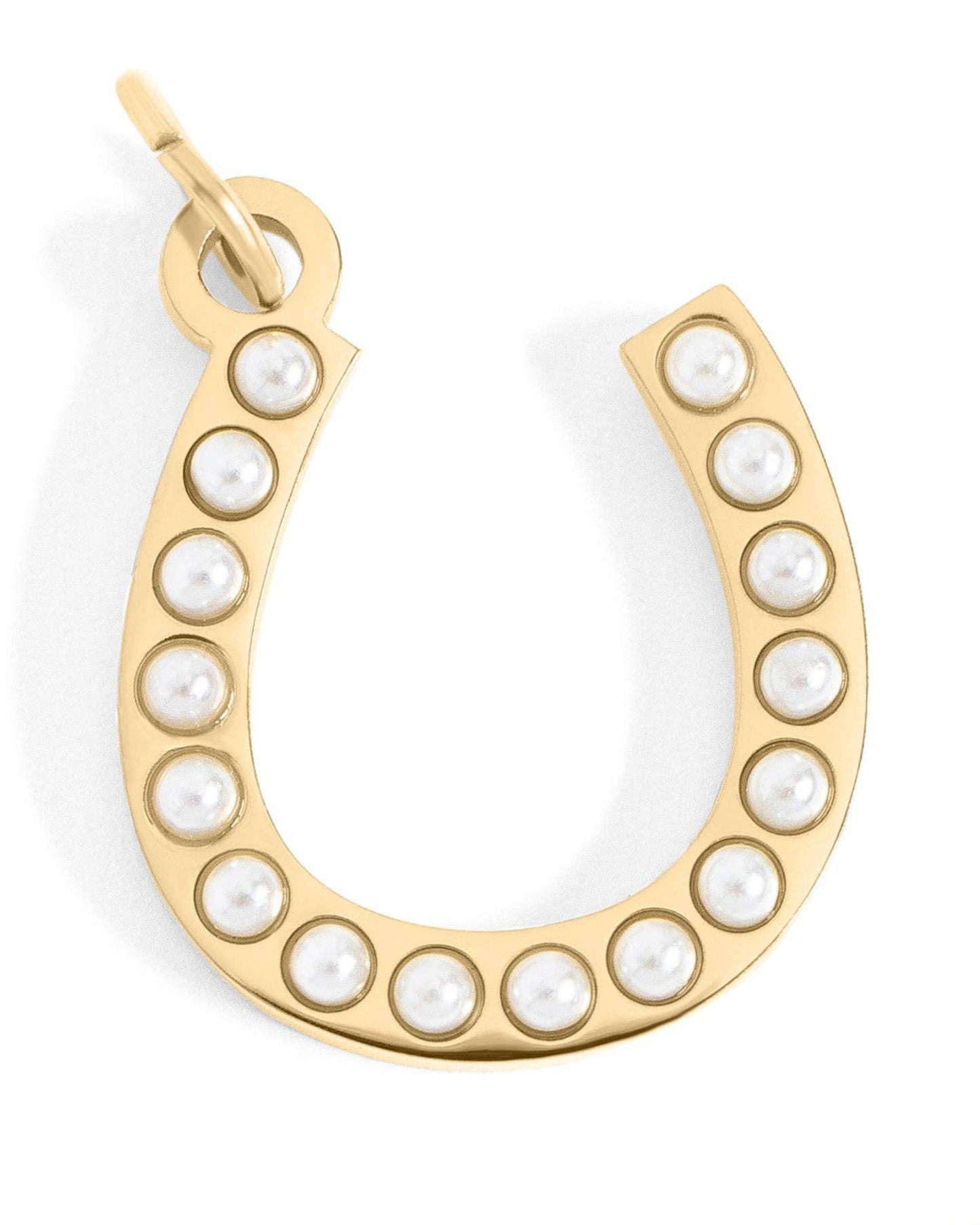 Gold horseshoe charm with pearl accents for custom charm bracelets and necklaces featuring a western-inspired design