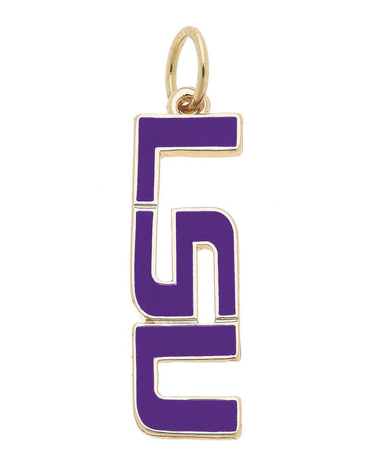 Officially licensed LSU Tigers logo charm with purple and gold finish for customizable game day necklaces and bracelets.