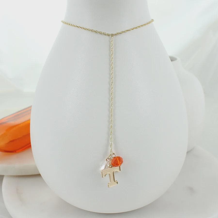 Tennessee Volunteers Y-Necklace | Gold Power T Charm with Crystal Accents