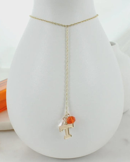 Tennessee Volunteers Y-Necklace | Gold Power T Charm with Crystal Accents