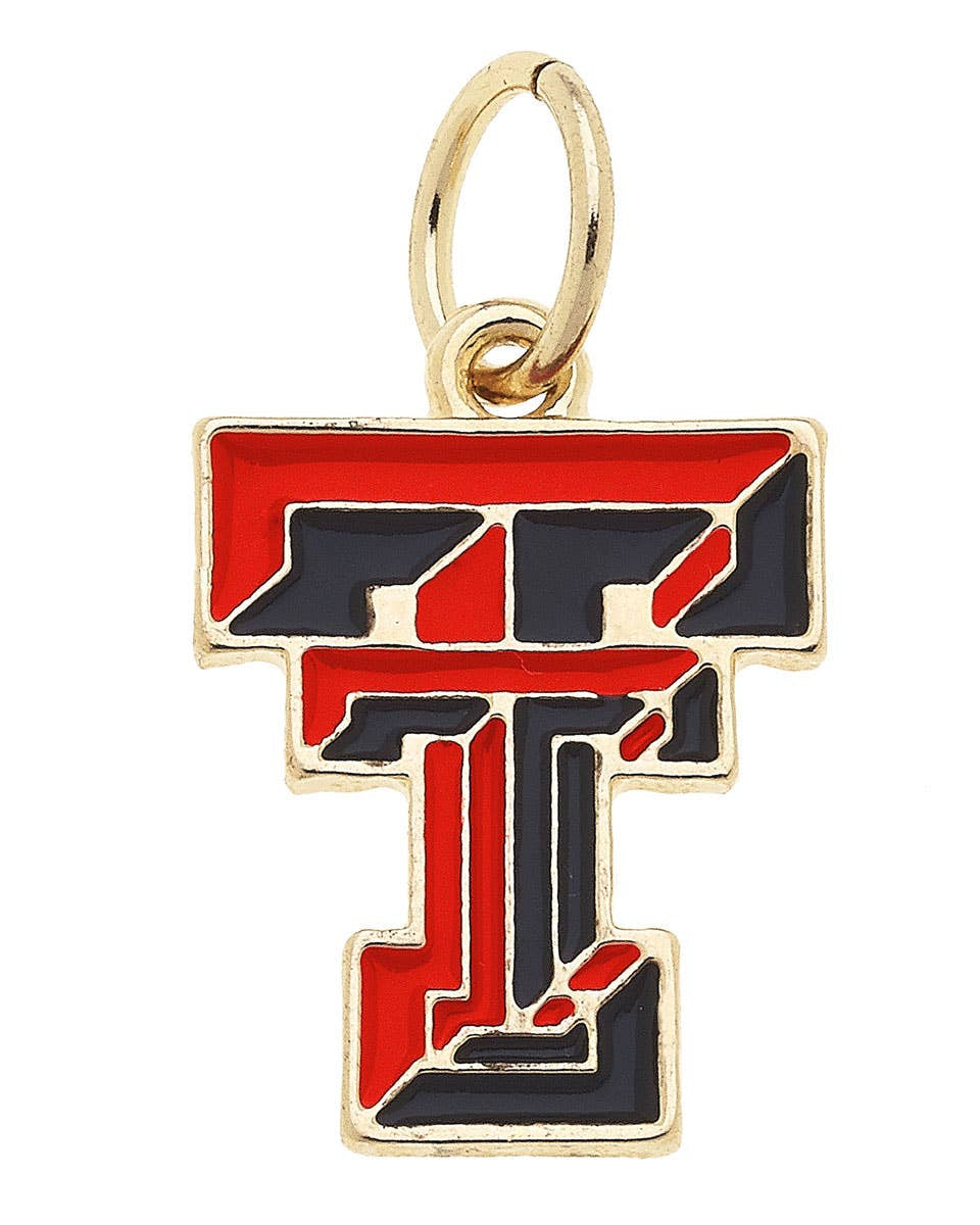 Officially licensed Texas Tech Red Raiders Double T logo charm with red, black, and gold finish for customizable game day necklaces and bracelets.