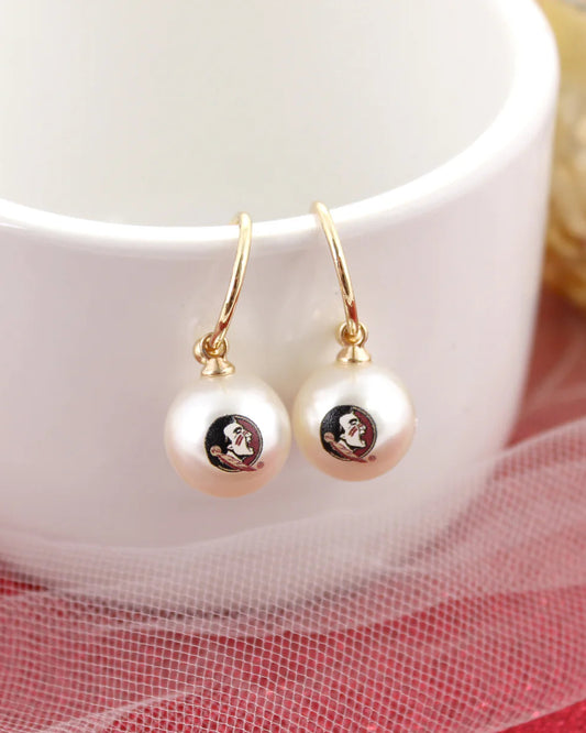 Florida State Seminoles pearl hoop earrings featuring the FSU logo on gold hoops