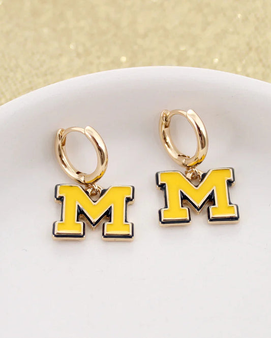 Michigan Block M Huggie Hoop Earrings – Blue & Gold Game Day Jewelry