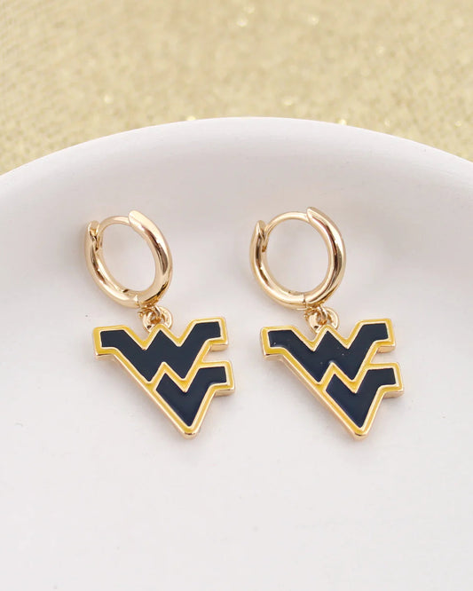 West Virginia Mountaineers enamel huggie hoop earrings featuring navy and gold WV logo charms on gold-tone hoops.