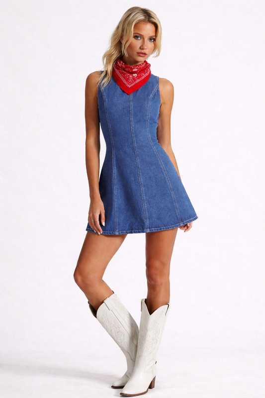 The Sloane Denim Dress – Blue Open Back Mini | Game Day Outfit
