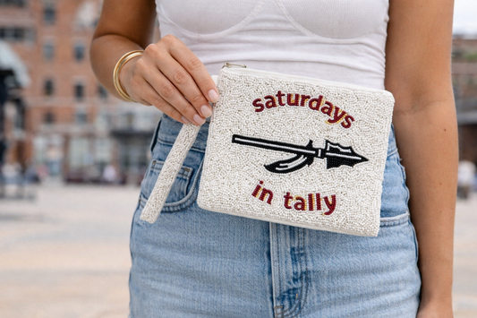 Saturdays in Tally Beaded Wristlet – Garnet & Gold Game Day Pouch