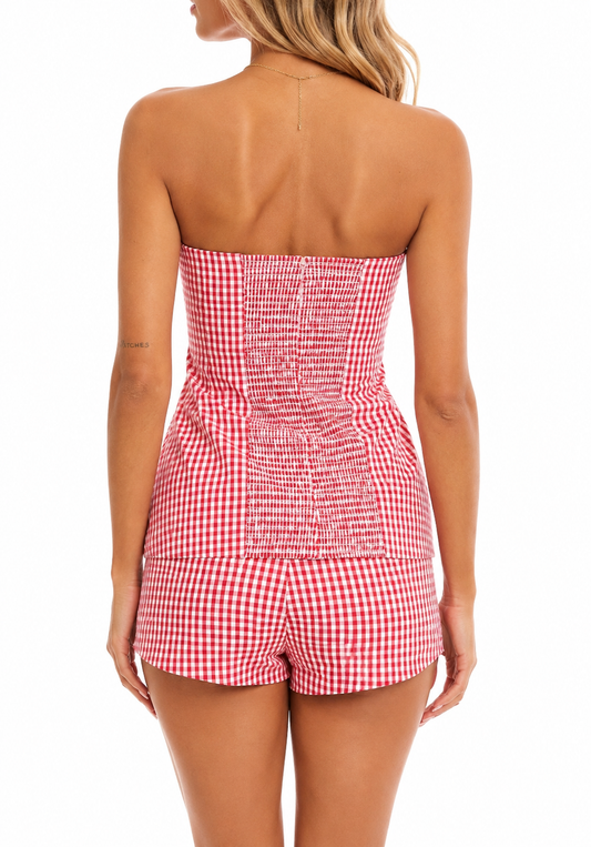 Scarlet Checkered Strapless Top & Shorts Set