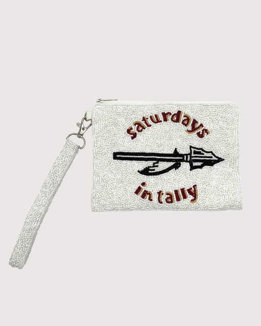 Saturdays in Tally Beaded Wristlet – Garnet & Gold Game Day Pouch