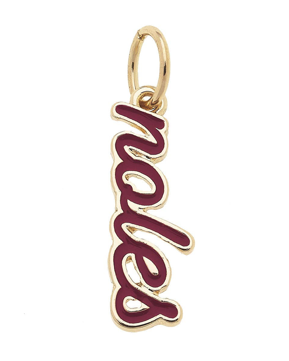 Official Florida State Seminoles Enamel Script Charm in garnet enamel with an 18K Triple Gold Plated finish for custom game day bracelets and necklaces.