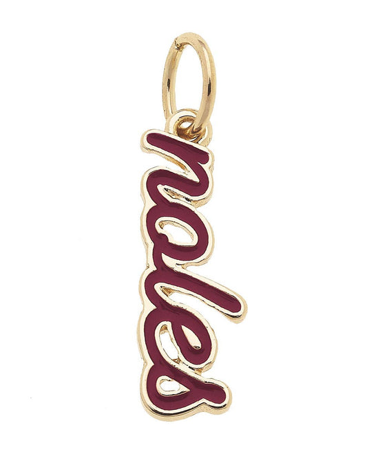 Official Florida State Seminoles Enamel Script Charm in garnet enamel with an 18K Triple Gold Plated finish for custom game day bracelets and necklaces.