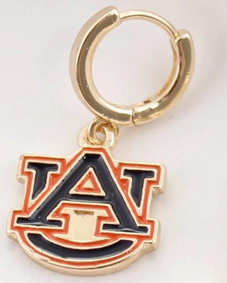 Close-up of Auburn University AU logo blue and orange enamel gold hoop earring