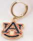 Close-up of Auburn University AU logo blue and orange enamel gold hoop earring
