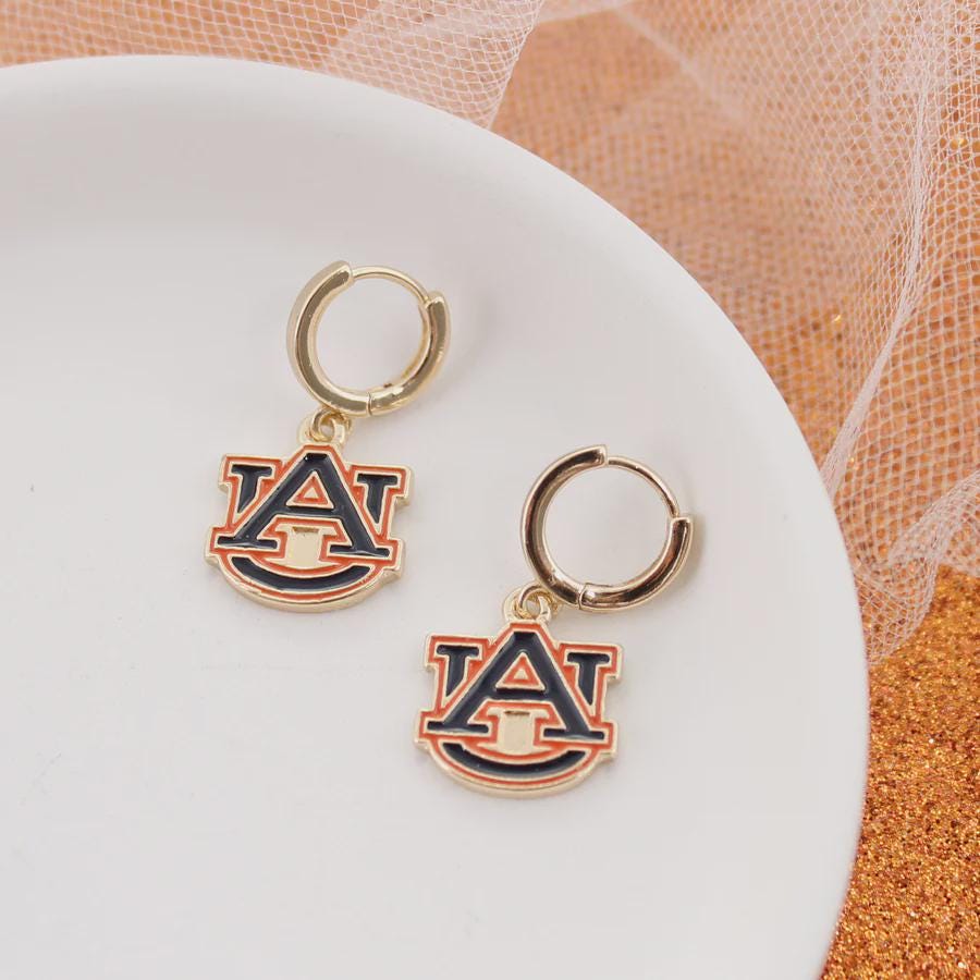 Auburn University AU logo blue and orange enamel gold hoop earrings