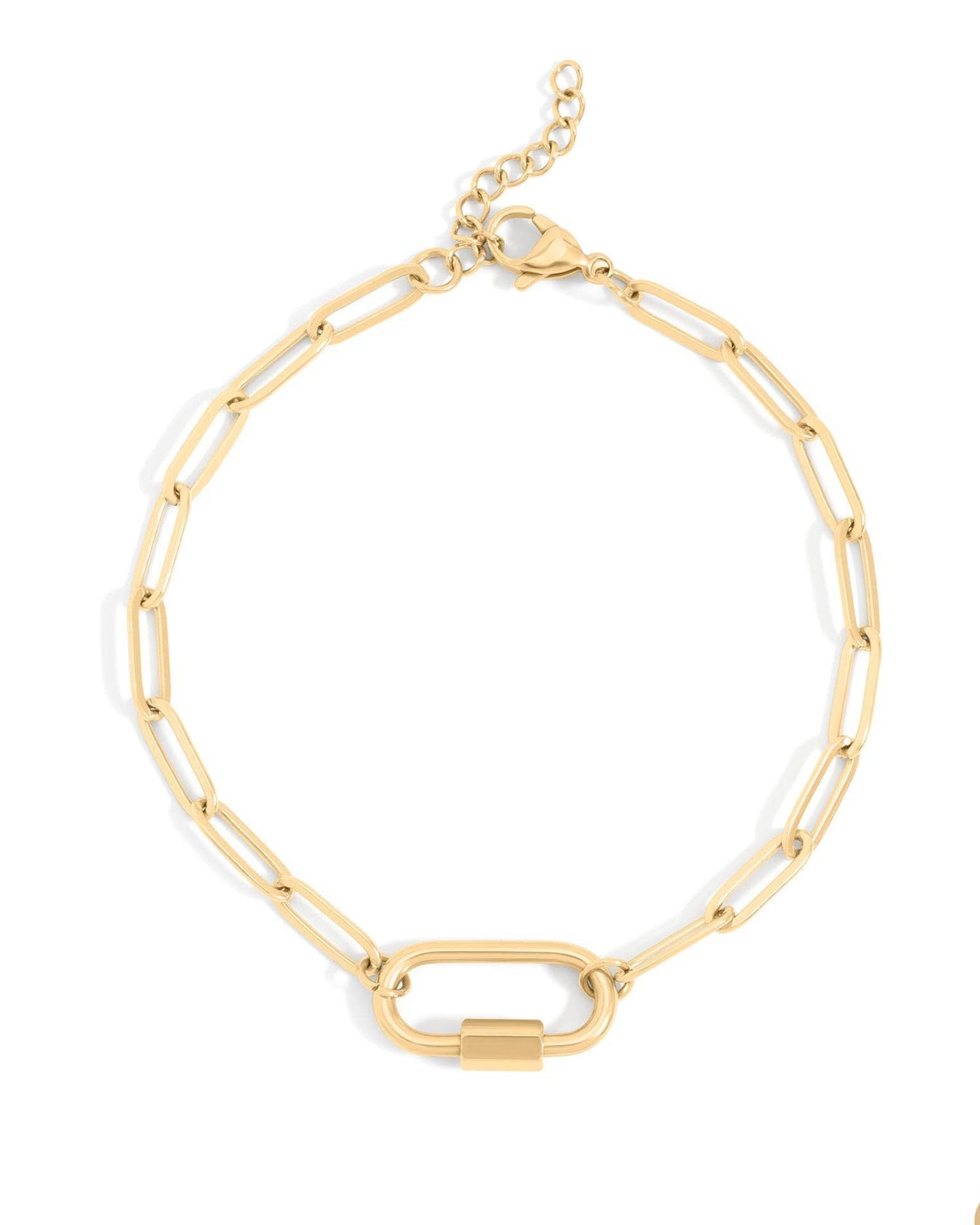 Gold paperclip charm bracelet with front charm holder clasp on a white background