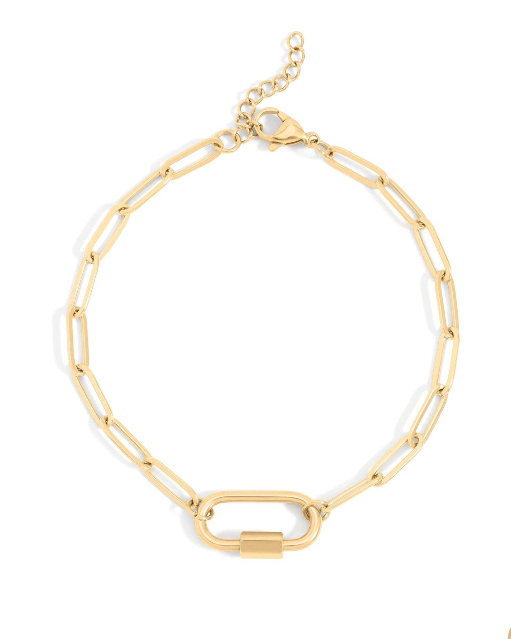 Gold paperclip charm bracelet with front charm holder clasp on a white background