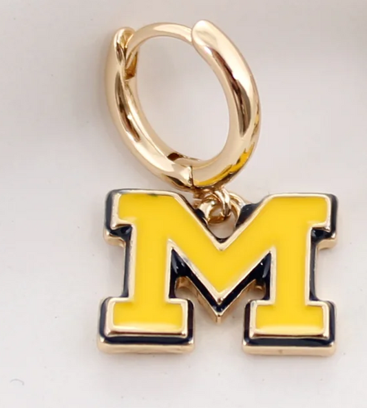Michigan Block M Huggie Hoop Earrings – Blue & Gold Game Day Jewelry