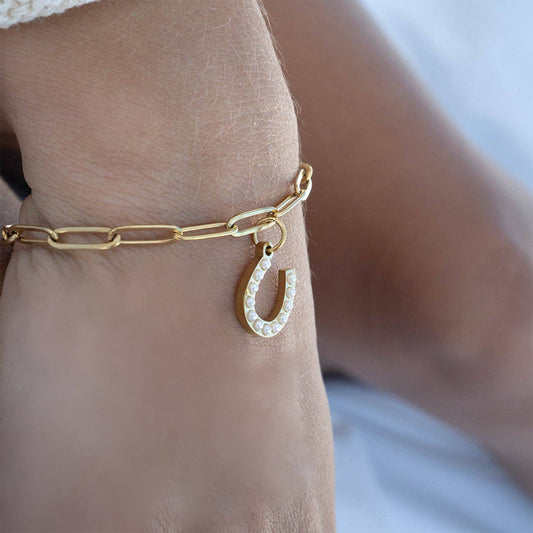 Gold Pearl Horseshoe Charm