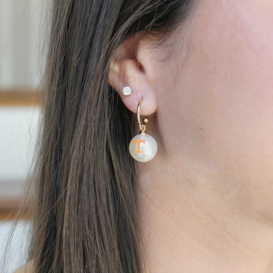 University of Tennessee Pearl Huggie Hoop Earrings | Orange Power T | Gold Vols Jewelry