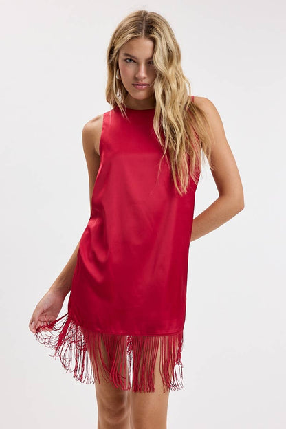 The Victory Fringe Mini Dress – Red Satin Game Day Dress