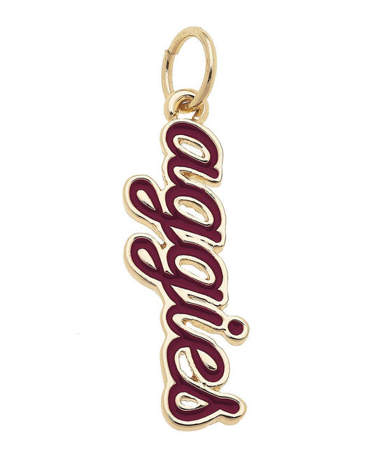 Texas A&M Aggies script charm in maroon enamel with 18K triple gold plated finish for bracelets and necklaces