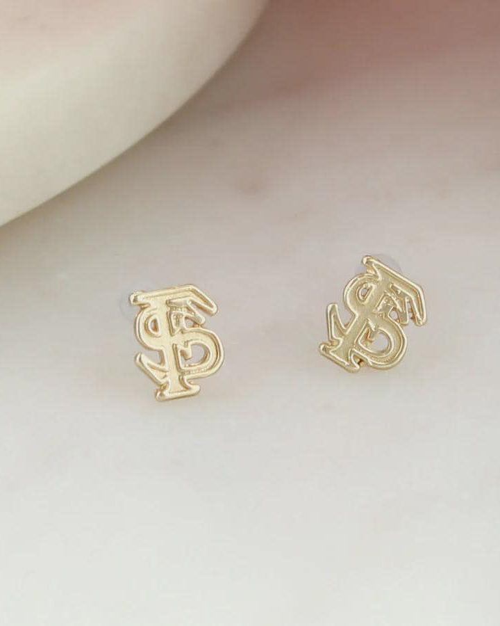Gold Florida State logo stud earrings on a light background