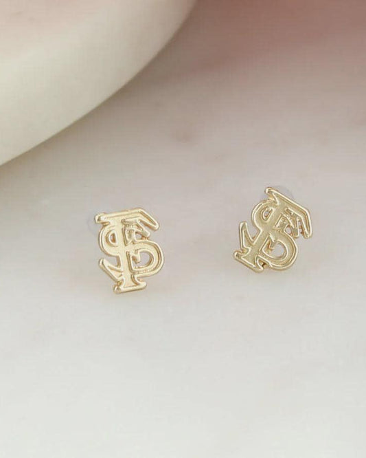 Gold Florida State logo stud earrings on a light background