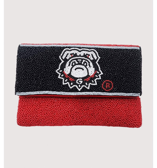 Georgia Bulldogs beaded clutch purse with bulldog logo in red and black on light background