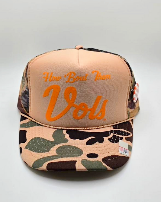 Camo Tennessee Vols Trucker Hat – “How ’Bout Them Vols” Game Day Cap