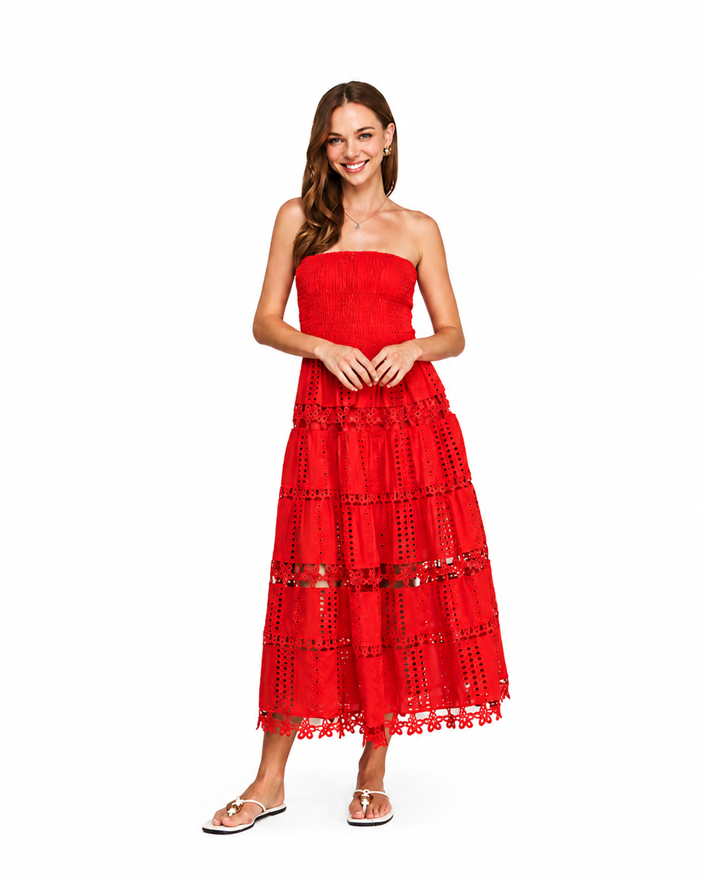 Saturday in Red Eyelet Midi Dress